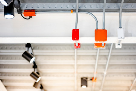 Electrical cable conduit with colorful junction box for the electric wiring system with exhibition lamp on metallic ceiling in modern building. Pipe and fitting equipment for power and lighting systemの写真素材