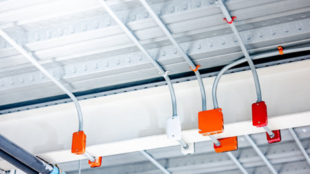 Electrical cable conduit with colorful junction box for electric wiring system on the ceiling in modern building. Pipe and fitting equipment for power systemsの写真素材
