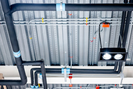 Plumbing pipeline with electrical cable conduit and colorful junction box above. Modern spotlight lamp hanging from the metallic ceiling. Pipe and fitting equipment for plumbing and power systemの写真素材