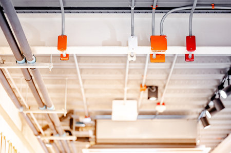 Cable conduit and junction box for electrical wiring system with exhibition lamp and plumbing pipeline on ceiling in modern building. Pipe and fitting equipment for power, lighting and pumping systemsの写真素材
