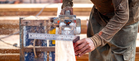 Male carpenter hand using angle ruler for wood squaring and planing on wooden plank by electric planer on workbench in workshop. Wood measuring and shaving process for lumber industryの写真素材