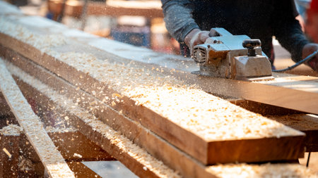 Male carpenter hand using an electric planer on wooden plank at construction site. Woodworker planing timber in his workshop with sawdust spreading around. Lumber industry and carpentry work toolの写真素材