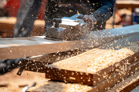 Male carpenter hand using an electric planer on wooden plank in workshop. Woodworker planing timber at construction site with sawdust spreading around. Work tool for carpentry. Lumber industry conceptの写真素材