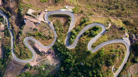 Aerial view of curvy road and winding path on the mountain up to Phu Tub Berk in Phetchabun...