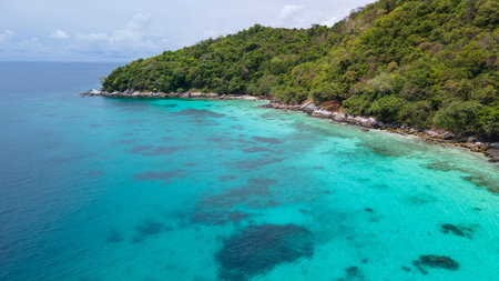 Aerial view of Racha Noi Island or Koh Racha Noi, a beautiful tropical island in Andaman sea with turquoise clear water along the shore. A popular destination for summer vacation in Phuket, Thailand.の写真素材