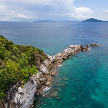 Aerial view of Koh Racha Noi or Racha Noi Island, a beautiful tropical island in Andaman sea with turquoise clear water along the shore. A popular destination for summer vacation in Phuket, Thailand.の写真素材