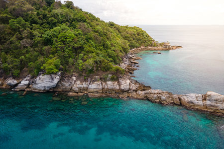 Aerial view of Koh Racha Noi or Racha Noi Island, a beautiful tropical island in Andaman sea with turquoise clear water along the shore. A popular destination for summer vacation in Phuket, Thailand.の写真素材