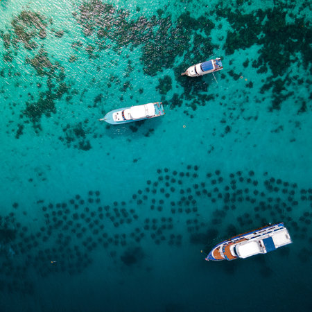 Aerial view of Racha Yai Island or Koh Raya with tourboat, yacht and diving boat anchoring over the artificial reef. A popular destination for summer vacationの写真素材