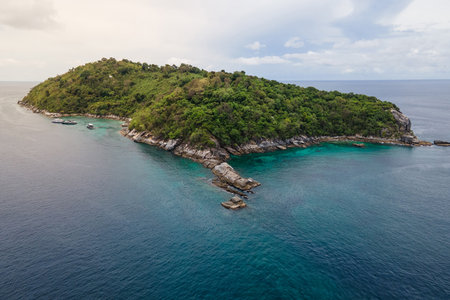 Aerial view of Koh Racha Noi or Racha Noi Island, a beautiful tropical island in Andaman sea with turquoise clear water along the shore. A popular destination for summer vacation in Phuket, Thailand.の写真素材