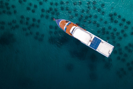 erial view of diving boat or recreational vessel anchoring over the artificial reef at Racha Yai Island or Koh Raya. A popular destination for summer activityの写真素材