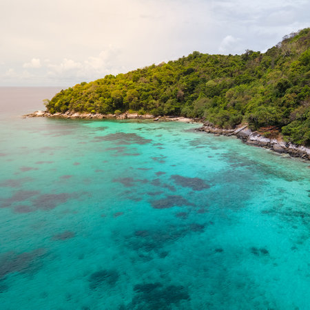 Aerial view of Racha Noi Island or Koh Racha Noi, a beautiful tropical island in Andaman sea with turquoise clear water along the shore. A popular destination for summer vacation in Phuket, Thailand.の写真素材