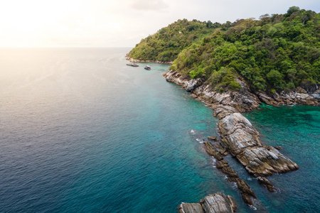 Aerial view of Koh Racha Noi or Racha Noi Island, a beautiful tropical island in Andaman sea with turquoise clear water along the shore. A popular destination for summer vacation in Phuket, Thailand.の写真素材