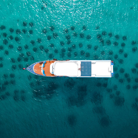 Aerial view of diving boat or recreational vessel anchoring over the artificial reef at Racha Yai Island or Koh Raya. A popular destination for summer activityの写真素材