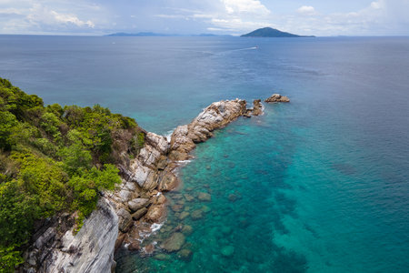 Aerial view of Koh Racha Noi or Racha Noi Island, a beautiful tropical island in Andaman sea with turquoise clear water along the shore. A popular destination for summer vacation in Phuket, Thailand.の写真素材