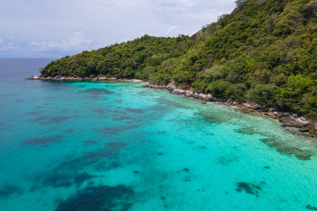 Aerial view of Racha Noi Island or Koh Racha Noi, a beautiful tropical island in Andaman sea with turquoise clear water along the shore. A popular destination for summer vacation in Phuket, Thailand.の写真素材