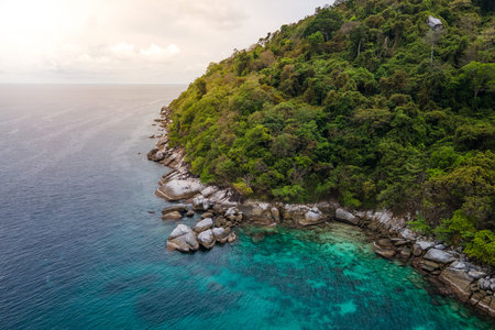 Aerial view of Koh Racha Noi or Racha Noi Island, a beautiful tropical island in Andaman sea with turquoise clear water along the shore. A popular destination for summer vacation in Phuket, Thailand.の写真素材