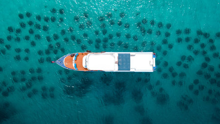 Aerial view of diving boat or recreational vessel anchoring over the artificial reef at Racha Yai Island or Koh Raya. A popular destination for summer activityの写真素材