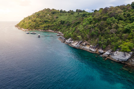 Aerial view of Koh Racha Noi or Racha Noi Island, a beautiful tropical island in Andaman sea with turquoise clear water along the shore. A popular destination for summer vacation in Phuket, Thailand.の写真素材