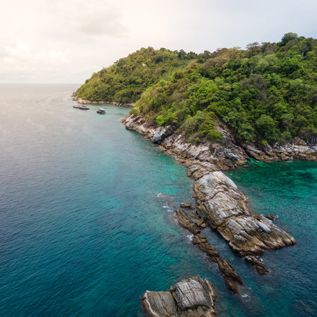 Aerial view of Koh Racha Noi or Racha Noi Island, a beautiful tropical island in Andaman sea with turquoise clear water along the shore. A popular destination for summer vacation in Phuket, Thailand.の写真素材