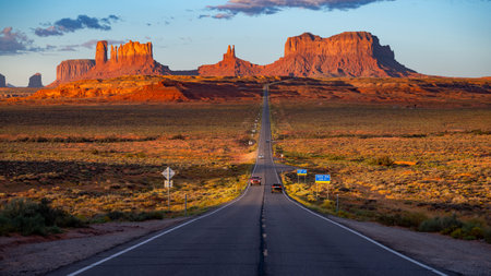 Forrest Gump Point at sunrise. Majestic view of the long road leading to Monument Valley, Natural...