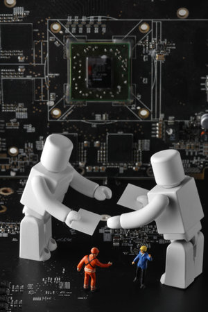 AI robots exchanging business cards in the business field of the future societyの写真素材