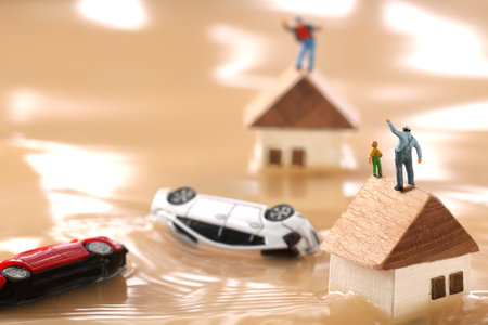 Diorama of rescuers heading to rescue by boat with people unable to evacuate because of flood damage