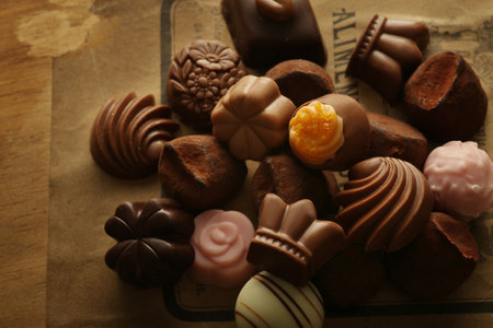Group photo of chocolates with antique-style backgroundの写真素材