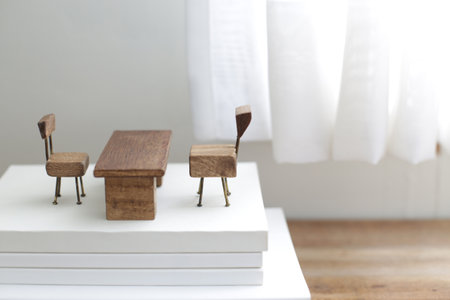 Group photo of a miniature cute furniture model made of woodの写真素材