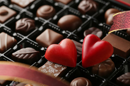 Group photo of chocolates with red heart-shaped chocolatesの写真素材