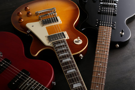 Group photo of various types of electric guitars