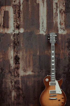 Group photo of an electric guitar placed on the door of a rusted iron warehouseの写真素材