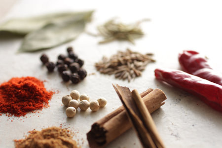 Various spices and spices taken on white backgroundの写真素材