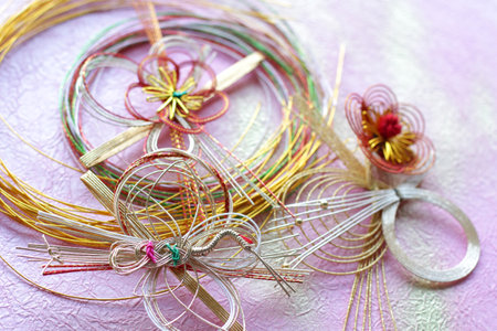 Washi paper and mizuhiki from the traditional culture of Japan and crane ornaments made from itの写真素材