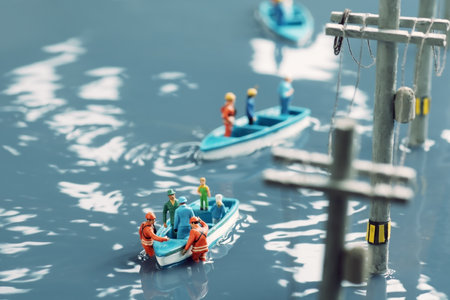 Diorama of a flooded city and rescue teams doing rescue operations in lifeboatsの写真素材