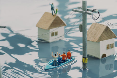 Diorama of a flooded city and rescue teams doing rescue operations in lifeboatsの写真素材