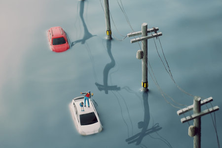 Diorama of a car stuck in flood and people waiting for rescueの写真素材