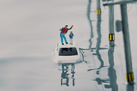 Diorama of a car stuck in flood and people waiting for rescueの素材 [FY310208269241]