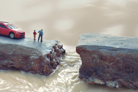 Diorama of levee breach due to heavy rain and people calling for help