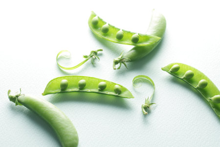Image photo of peas taken on a light pastel green backgroundの写真素材