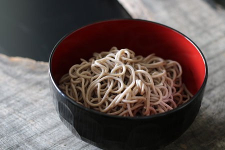 Warm soba noodles with steam