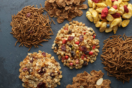 Group photos of various cereals, granola, and muesliの写真素材