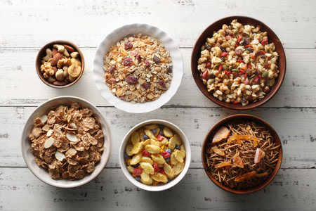 Various kinds of cereals and granola on a plateの写真素材