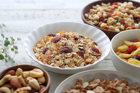 Various kinds of cereals and granola on a plate