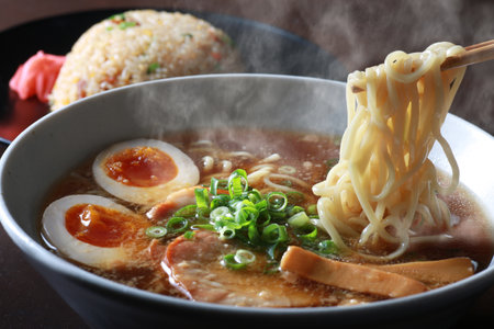 Hot steaming ramen noodlesの写真素材