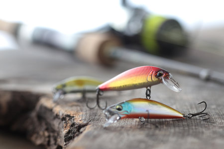 Mountain stream fishing equipment and luresの写真素材