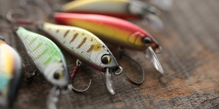 Mountain stream fishing equipment and luresの写真素材