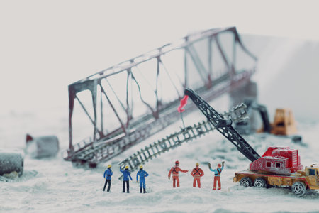 Diorama view of the iron bridge that collapsed in the disaster and its restorationの写真素材