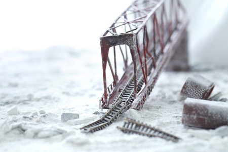Diorama view of the iron bridge that collapsed in the disaster and its restorationの写真素材