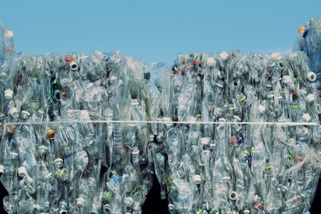 Piles of plastic bottles at a recycling facilityの写真素材