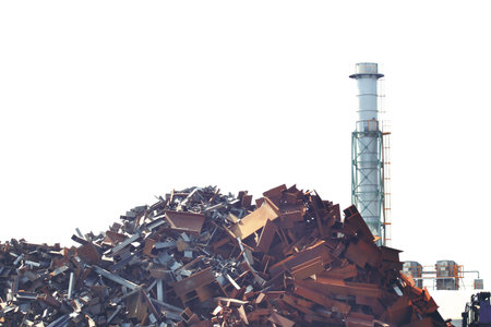 Industrial waste of chimneys and piled metals in industrial areasの写真素材